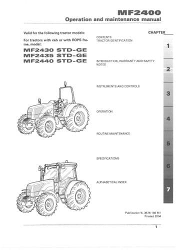 Massey Ferguson Tractor MF2430 MF2435 MF2440 Operators Manual