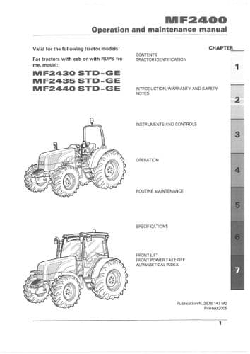Massey Ferguson Tractor MF2430 MF2435 MF2440 STD-GE Operators Manual