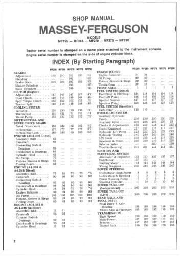 Massey Ferguson Tractor MF255 MF265 MF270 MF275 MF290 Service Workshop Manual