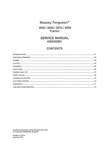 Massey Ferguson Tractor MF2650 MF2660 MF2670 MF2680 Workshop Service Manual (2010 - 2013)