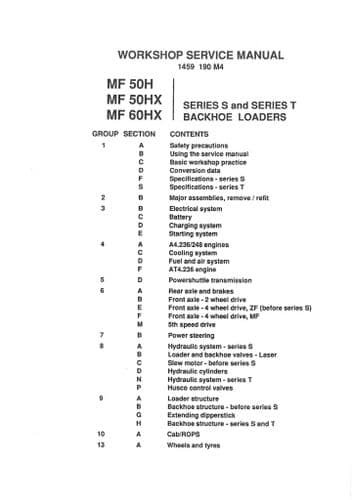 Massey Ferguson Tractor MF50H MF50HX MF60HX Digger Loader Backhoe Workshop Service Manual