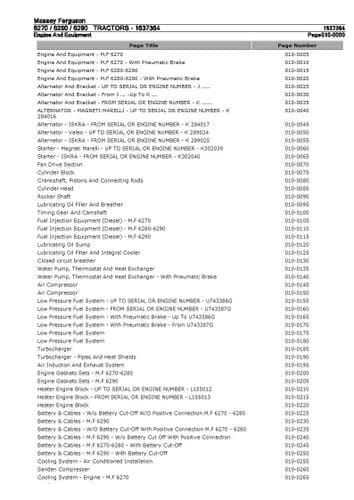 Massey Ferguson Tractor MF6270 MF6280 MF6290 Parts Manual