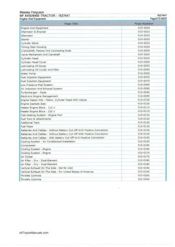Massey Ferguson Tractor MF8450 MF8460 Parts Manual
