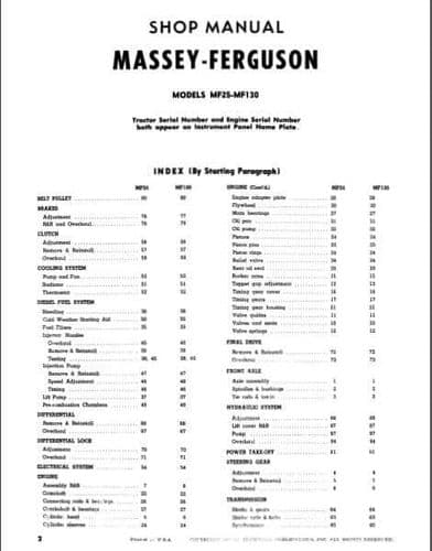 Massey Ferguson TractorMF25 MF130  Service Workshop Manual I&T