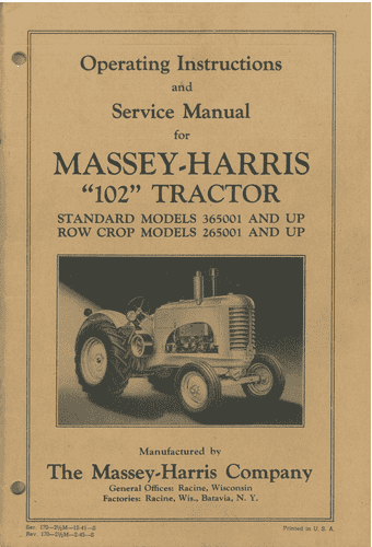 Massey Harris 102 Tractor Parts Manual