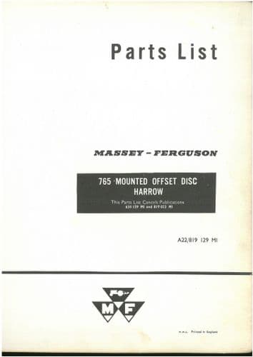Massey Harris 765 Offset Disc Harrow Parts Manual