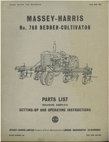 Massey Harris Bedder-Cultivator No. 768 Operators & Parts Manual