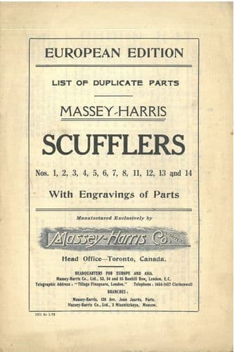 Massey Harris Cultivator Scuffler Nos:  1, 2, 3, 4, 5, 6, 7, 8, 11, 12, 13 & 14 Parts Manual