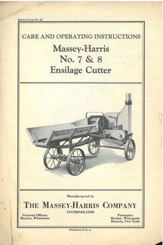 Massey Harris Ensilage Cutter No 7 & 8 Operators Manual