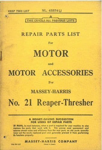 Massey Harris Motor and Accessories for No21 Reaper Thresher Parts Manual