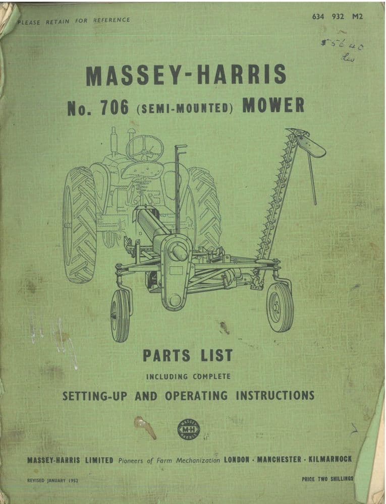 Massey Harris Mower SemiMounted Mower No 706 Parts & Operators Manual