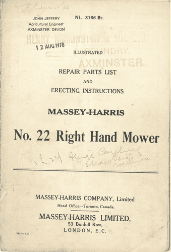 Massey Harris No. 22 Mower Parts Manual