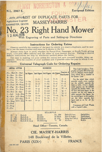 Massey Harris No. 23 Mower Parts Manual