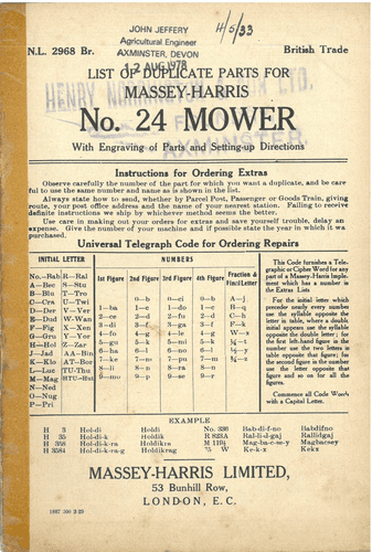 Massey Harris No. 24 Mower Parts Manual