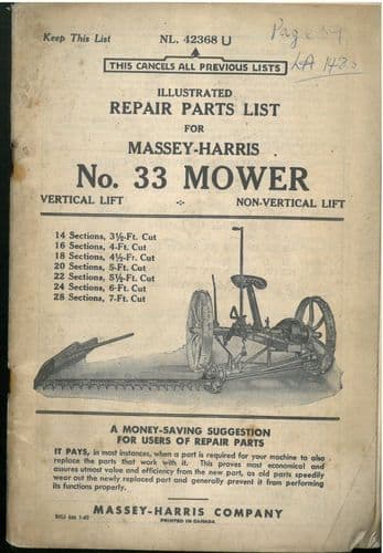 Massey Harris No. 33 Mower Parts Manual