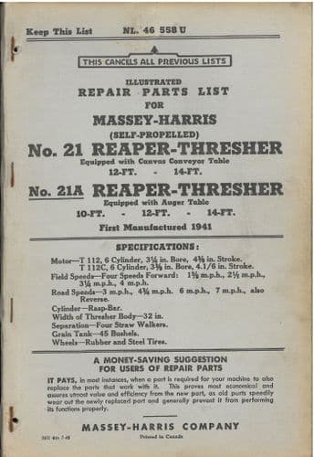 Massey Harris No.21 & No.21A Reaper Thresher Parts Manual - No21 No21a