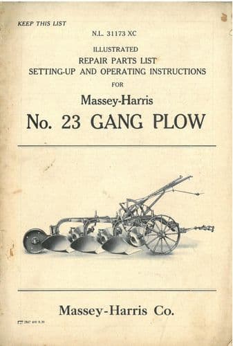 Massey Harris No.23 Gang Plow Operators Manual with Parts List - Plough