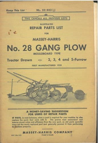 Massey Harris No.28 Gang Plow Parts Manual - Plough - ORIGINAL