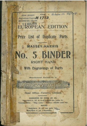 Massey Harris No.5 Right-Hand Binder - Price List Of Duplicate Parts  Manual