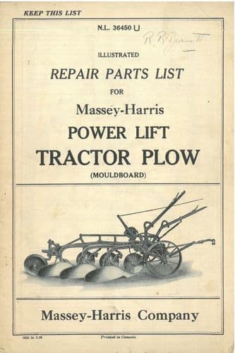 Massey Harris Power Lift Tractor Plow Parts Manual - Plough