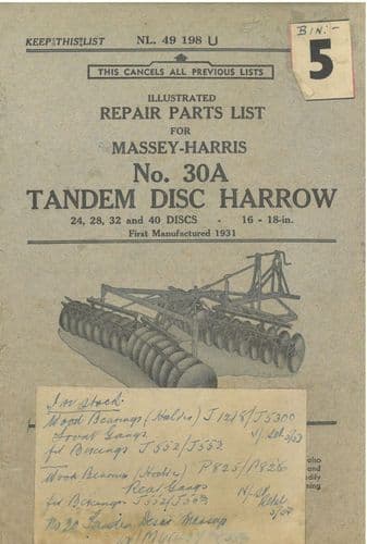 Massey Harris Tandem Disc Harrow 30A - 24 28 32 & 40 Disc  (16-18") Parts Manual