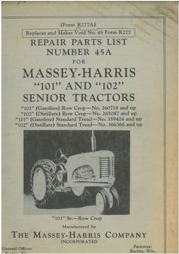 Massey Harris Tractor 101 & 102 Senior Parts Manual