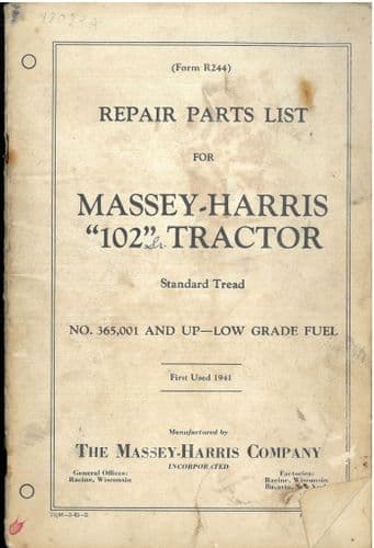Massey Harris Tractor 102 Parts Manual