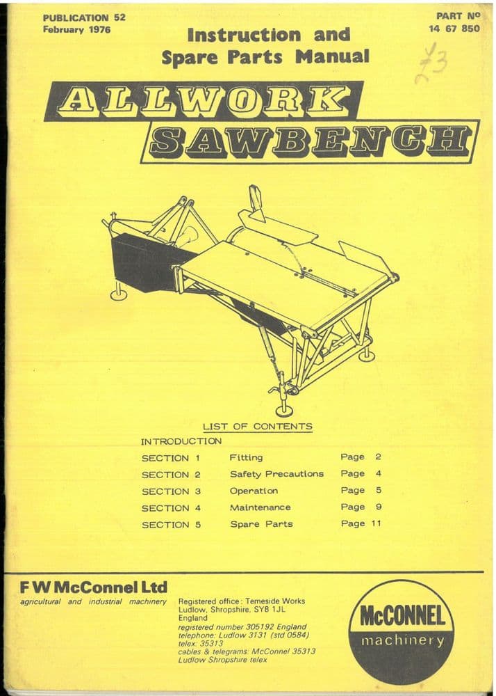 McConnel Allwork Mounted Sawbench Operators Manual with Parts List ...