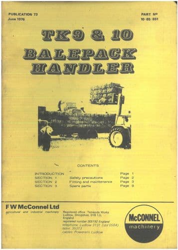 McConnel Balepack Handler TK9 & TK10 Operators Manual with Parts List