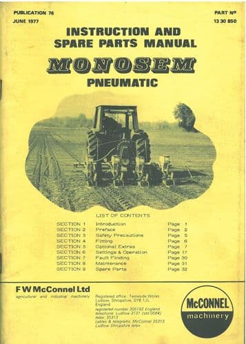 McConnel Monosem Pneumatic Seed Drill Operators Manual with Parts List