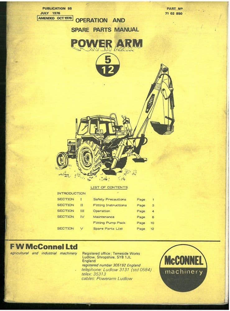 McConnel Power Arm 5/12 Ditcher Excavator Operators Manual with Parts ...