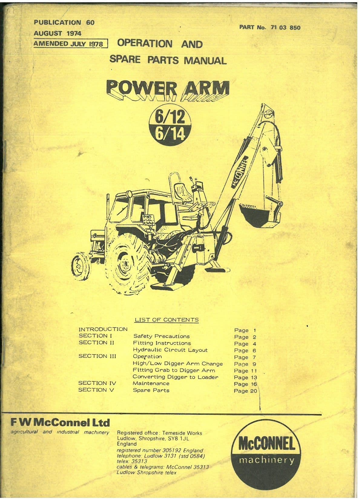 McConnel Power Arm 6/12 & 6/14 Ditcher Excavator Operators Manual with ...