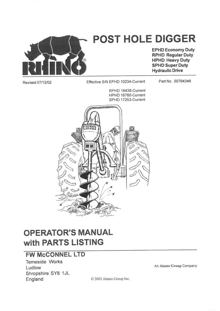 Mcconnel Rhino Post Hole Digger Operators and Parts Manual
