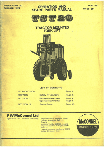 Mcconnel Tractor Mounted Fork Lift TST20 Operators Manual and Spare Parts