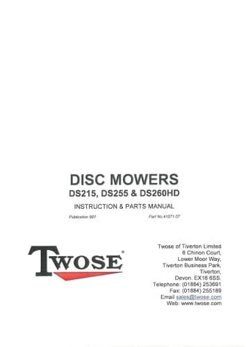 Mcconnel Twose Disc Mower DS215 DS255 FDS260HD Operators and Parts Manual