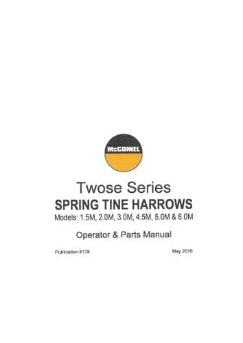 Mcconnel Twose Spring Tine Harrow 1.5m 2m 3m 4.5m 5m 6m Operators & Parts Manual