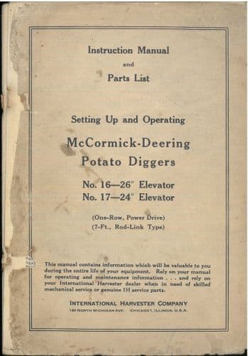 McCormick  Deering Potato Digger 16 -26" 17 - 24" Elevator Operators Manual with Parts List