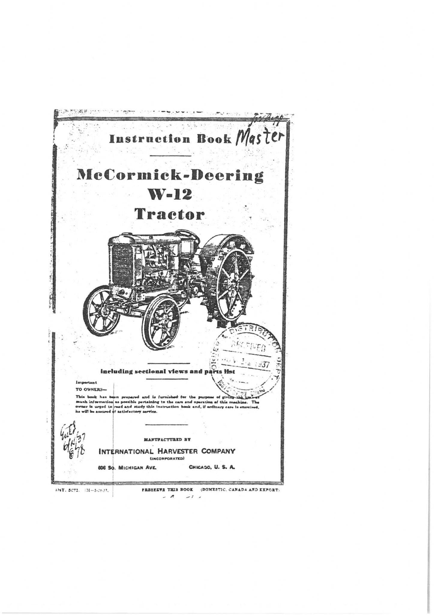 McCormick Deering Tractor W12 Intruction Book - W-12 Operators Manual