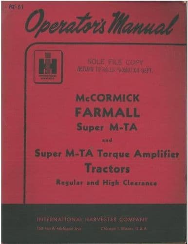 McCormick Farmall Super M-TA & Super M-TA Torque Amplifier Tractor Operators Manual MTA