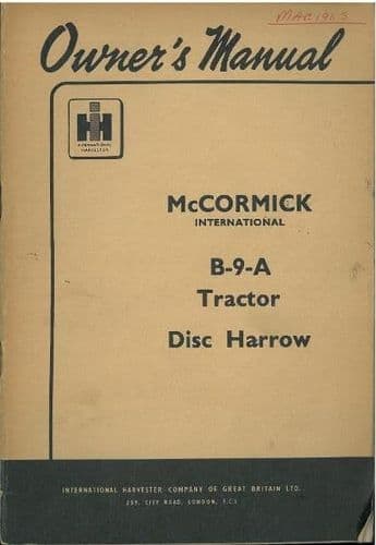 McCormick International B-9-A Tractor Disc Harrow Operators Manual