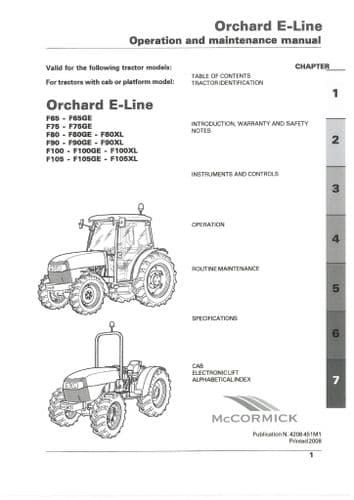 McCormick Tractor Orchard E-Line F65 F65GE F75 F75GE F80 F80GE F80XL F90 F90GE F90X Operators Manual