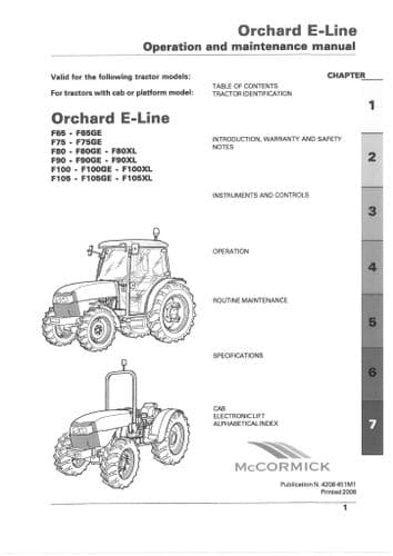 McCormick Tractor Orchard E-Line F90 F90GE F90XL F100 F100GE F100XL F105 F105GE Operators Manual