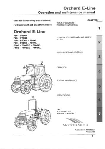 McCormick Tractor Orchard E-Line F90 F90GE F90XL F100 F100GE F100XL F105 F105GE Operators Manual