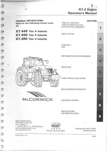 McCormick Tractor X7.440 X7.450 X7.460 Tier 4 Interim Operators Manual