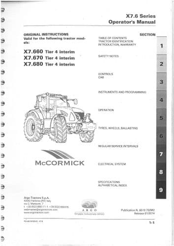 McCormick Tractor X7.660 X7.670 X7.680 Tier 4 Interim Operators Manual