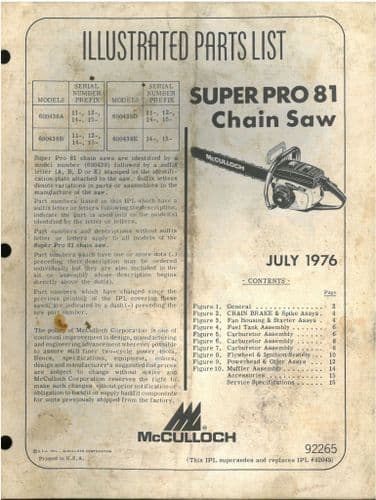 McCulloch Chainsaw Super Pro 81 Parts Manual