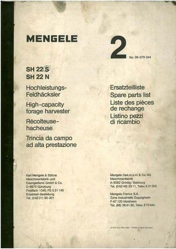 Mengele Forager SH22S SH22N Parts Manual - SH22 S, SH22 N