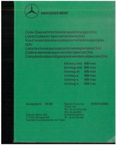 Mercedes Benz MB Trac  & Unimog List of Codes for Special Versions Pocket Book