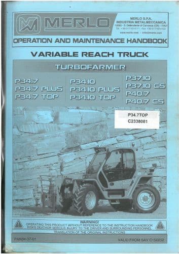 Merlo Telescopic Handler Variable Reach Truck P34.7 P34.10 PLUS TOP P37.10 P40.7 CS Operators Manual