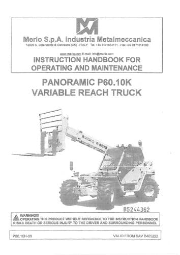 Merlo Telescopic Handler Variable Reach Truck P60.10K Operators Manual